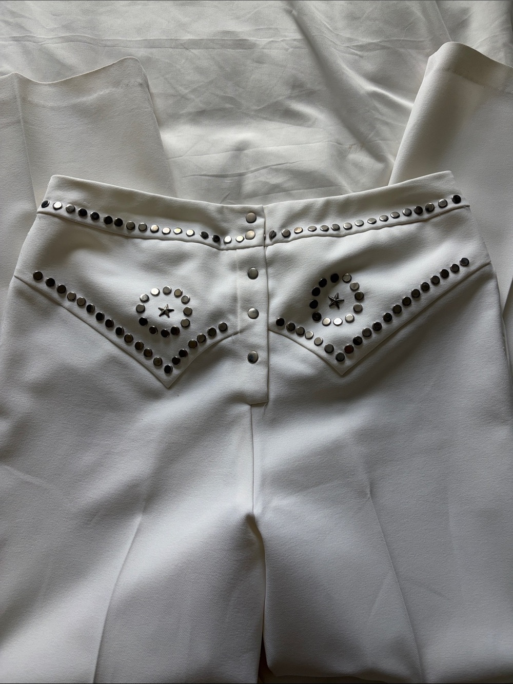 Vintage White Studded Detail Western Wide Leg Pants